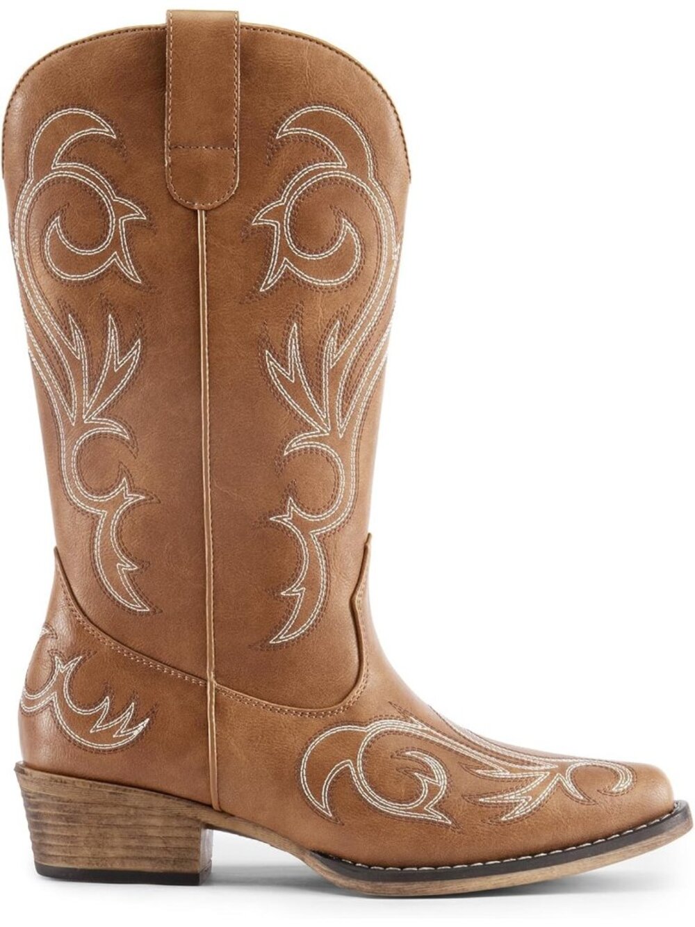 Woman's Tan Square Toe Embroidery Stitched Chunky Heel Mid Calf Cowgirl Boots - Picture 4 of 6